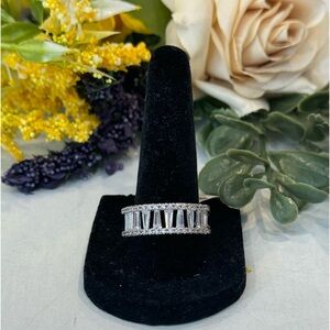 Elegant Silver Tone Band with Baguette Pave Cubic Zirconia Stones Ring Size 8.5